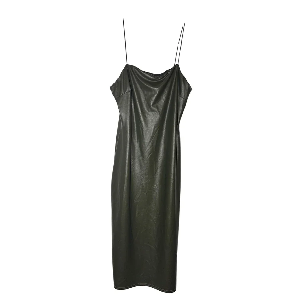 Boohoo Faux Leather Midi Dress Womens Olive Green Good Condition Bodycon Size 10